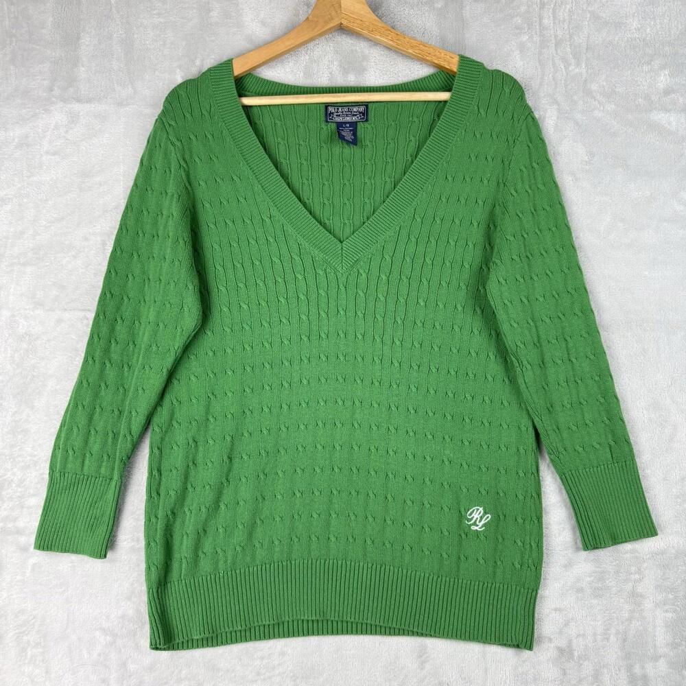 Polo Jeans Company by Ralph Lauren Green Cable Knit Sweater Size L V-Neck Preppy